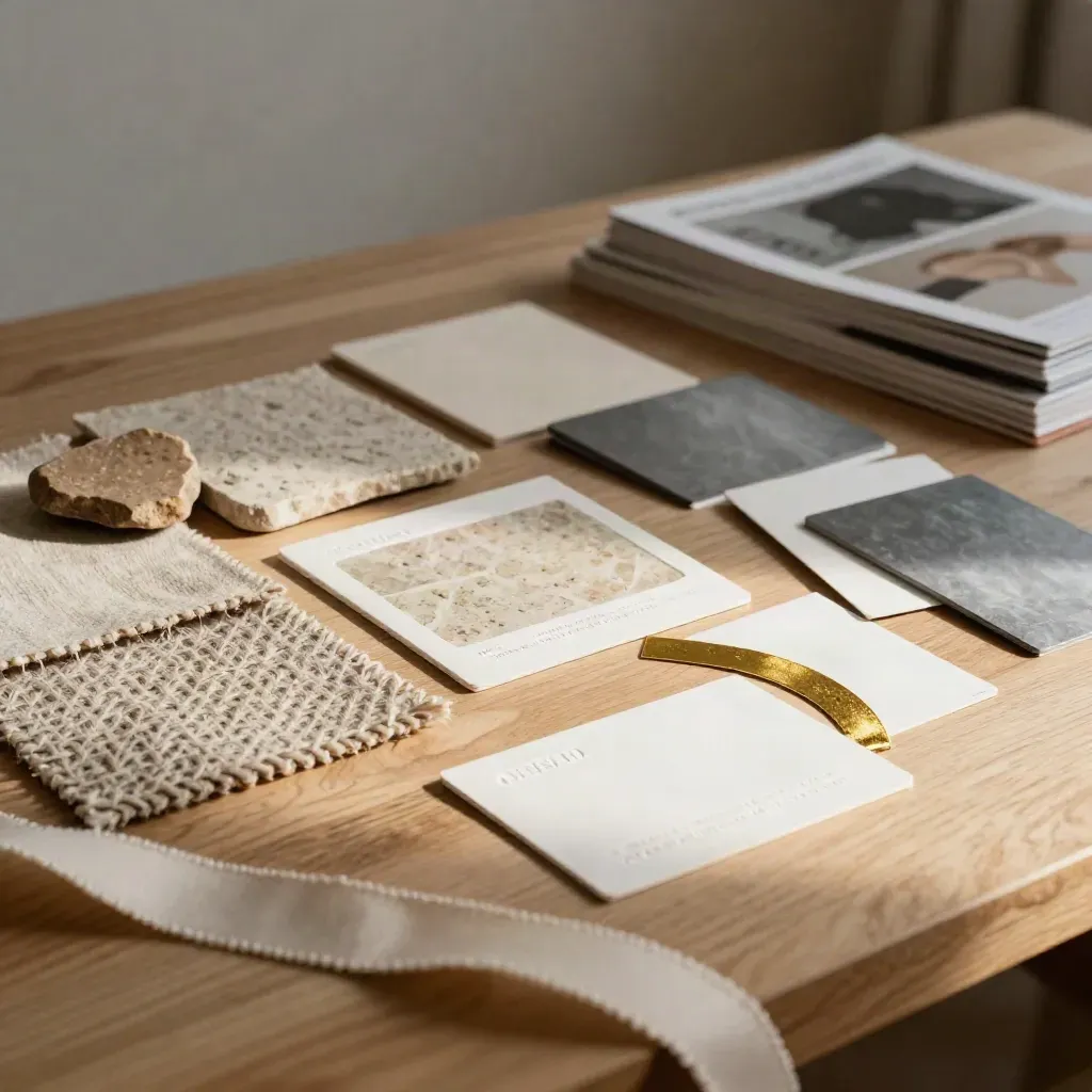 Material moodboard with swatches, stone chips and embossed cards on a pale oak table.