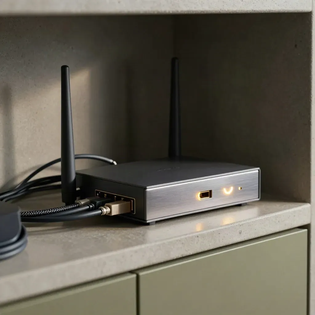 A tidy network shelf with router, wireless hub, cables, and small status lights in a dark utility nook.