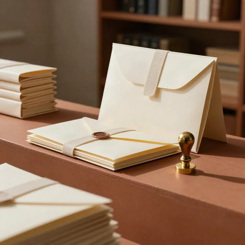 Ivory communications packets with brass seal on a terracotta dispatch ledge