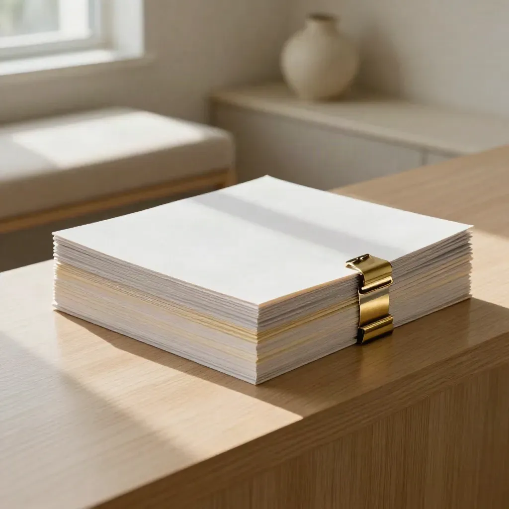 Frosted consultancy board pack with brass clip on a pale oak console in soft window light.