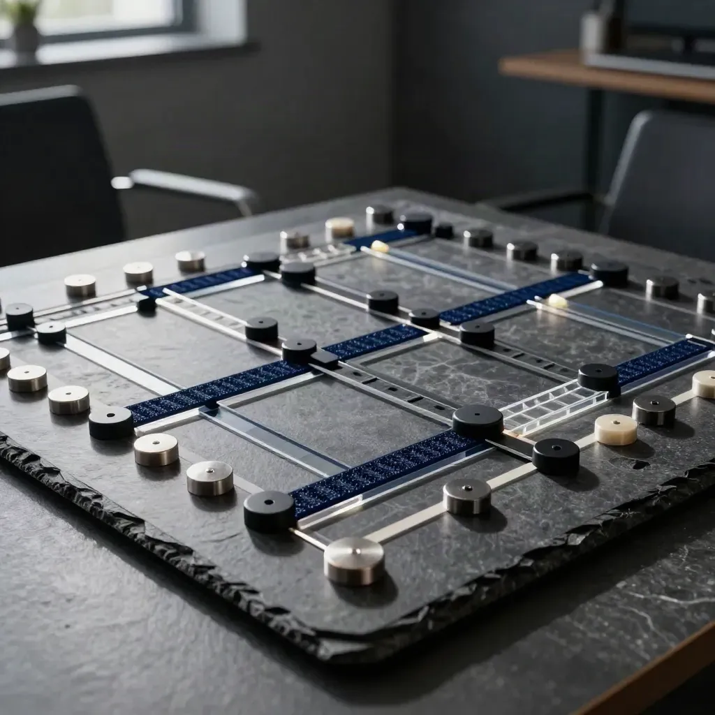 Strategic board with magnetic markers and acrylic lanes on slate, lit dramatically.