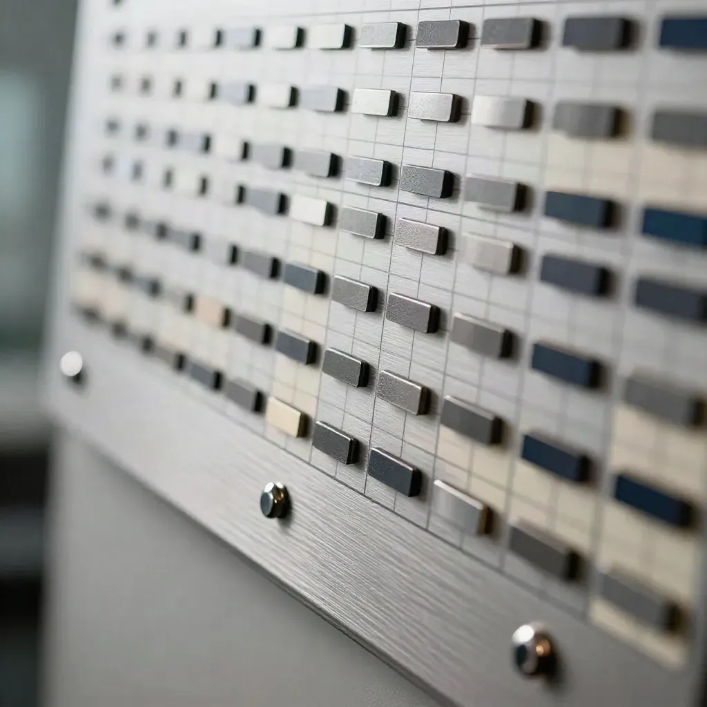 Brushed aluminum project board with navy magnetic markers and clipped tabs in crisp order.