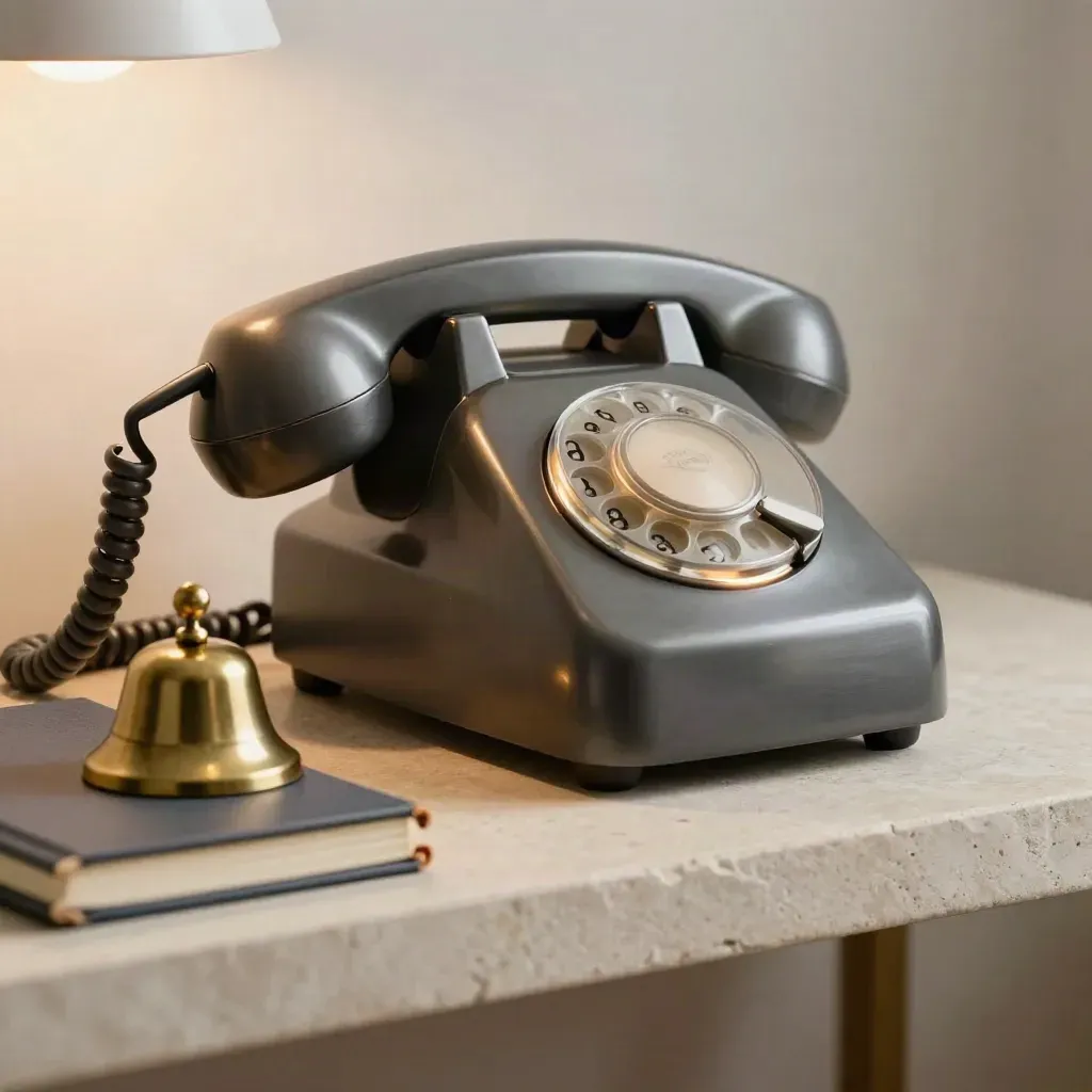 Vintage phone settling into cradle beside brass bell and slate notebook on stone shelf.