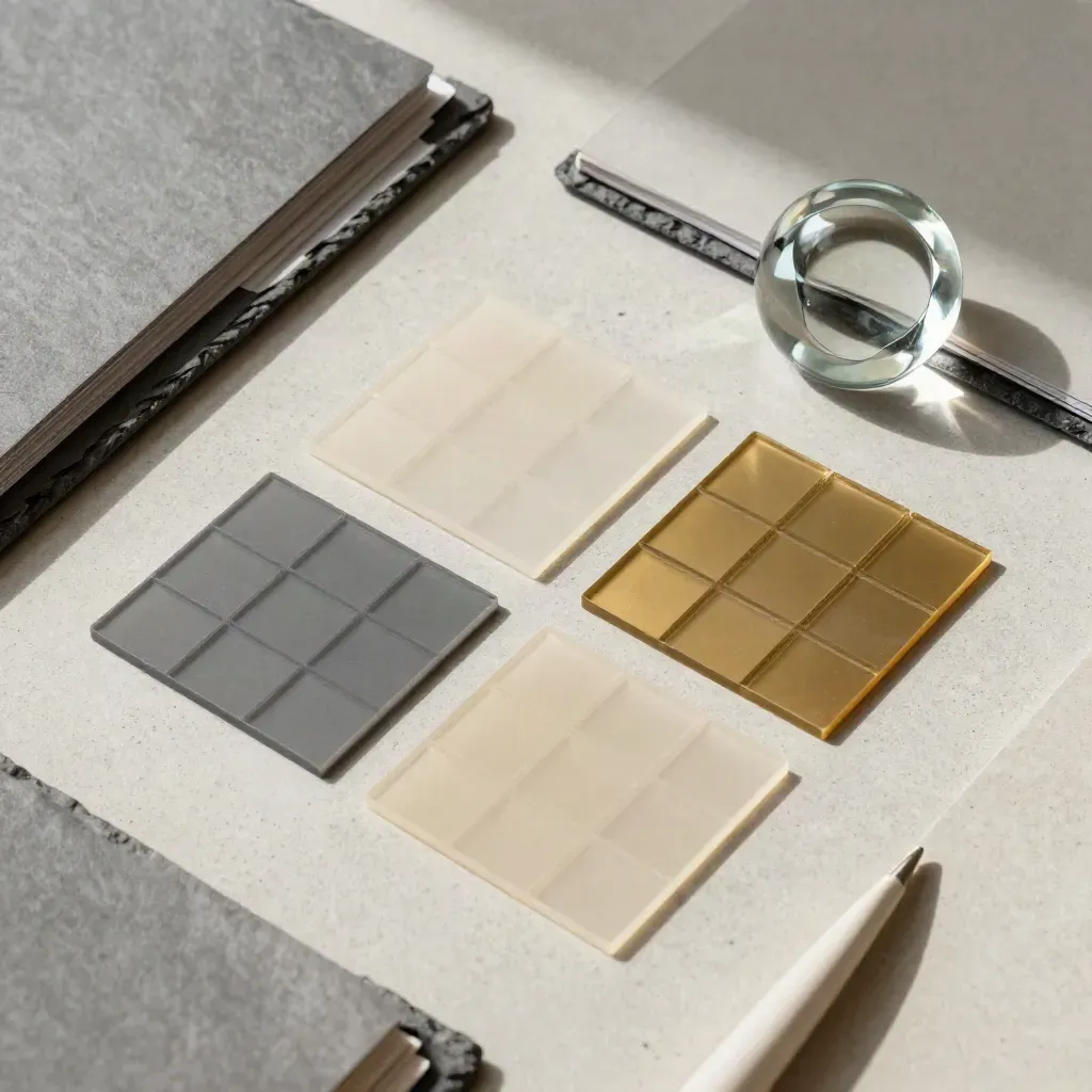 Overhead consultancy flatlay with task tiles, folder edges and glass paperweight on pale concrete.