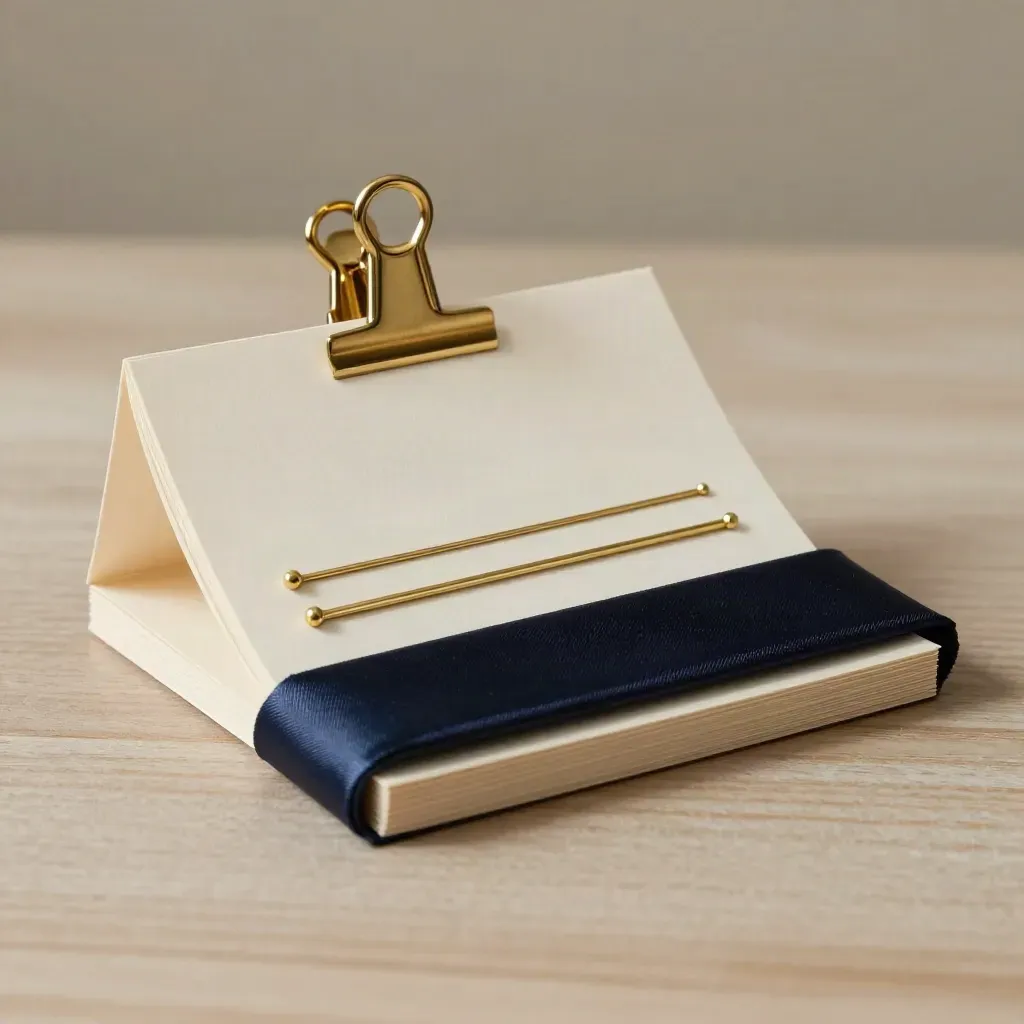 Brass clip secures an ivory scope card with brass markers and a navy seal band on pale wood.