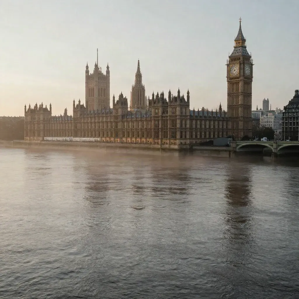 Westminster skyline above the Thames in blue-hour mist, calm river foreground for copy.